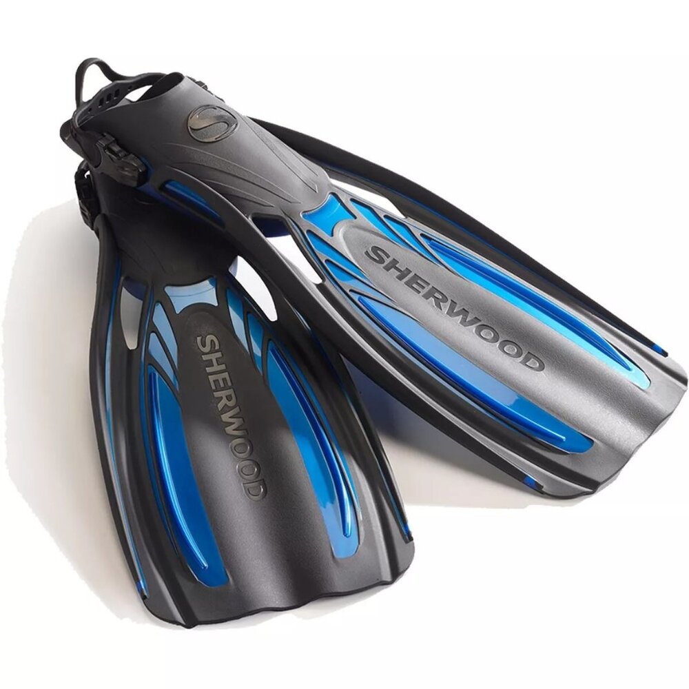 SHERWOOD Elite UNISEX Open Heel Scuba Fins - Steel Blue, Size M (9-10) NEW